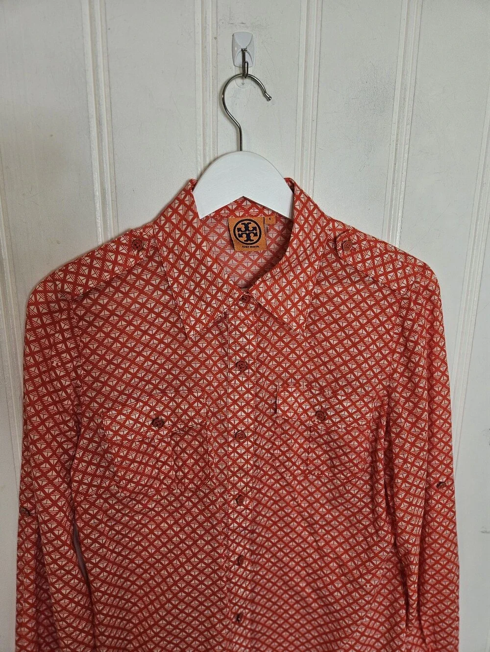 Tory Burch Brigitte Blouse 6 Checkerboard Roll Tab Utility Cotton Orange White